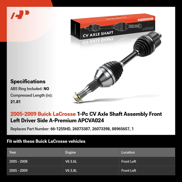2005-2009 Buick LaCrosse 1-Pc CV Axle Shaft Assembly Front Left Driver Side A-Premium APCVA024