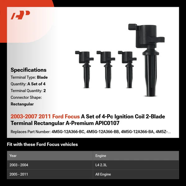2003-2007 2011 Ford Focus A Set of 4-Pc Ignition Coil 2-Blade Terminal Rectangular A-Premium APIC0107