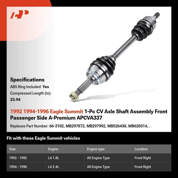 1992 1994-1996 Eagle Summit 1-Pc CV Axle Shaft Assembly Front Passenger Side A-Premium APCVA337