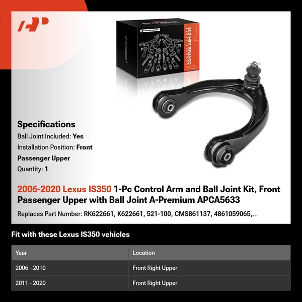 2006-2020 Lexus IS350 1-Pc Control Arm and Ball Joint Kit, Front Passenger Upper with Ball Joint A-Premium APCA5633