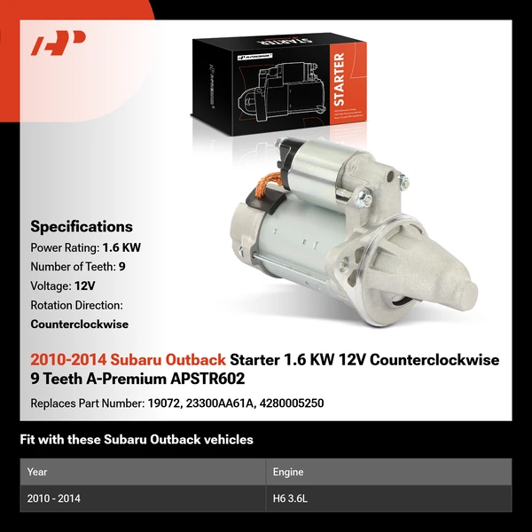 2010-2014 Subaru Outback Starter 1.6 KW 12V Counterclockwise 9 Teeth A-Premium APSTR602