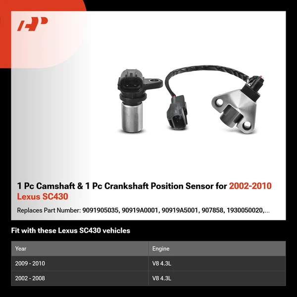 1 Pc Camshaft & 1 Pc Crankshaft Position Sensor for 2002-2010 Lexus SC430