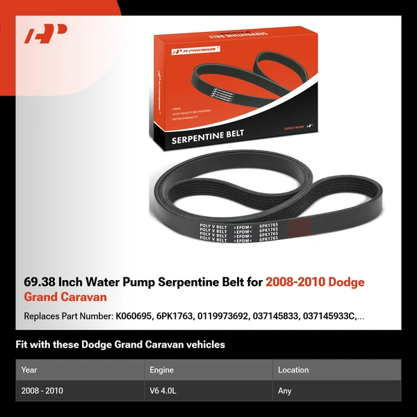 69.38 Inch Water Pump Serpentine Belt for 2008-2010 Dodge Grand Caravan