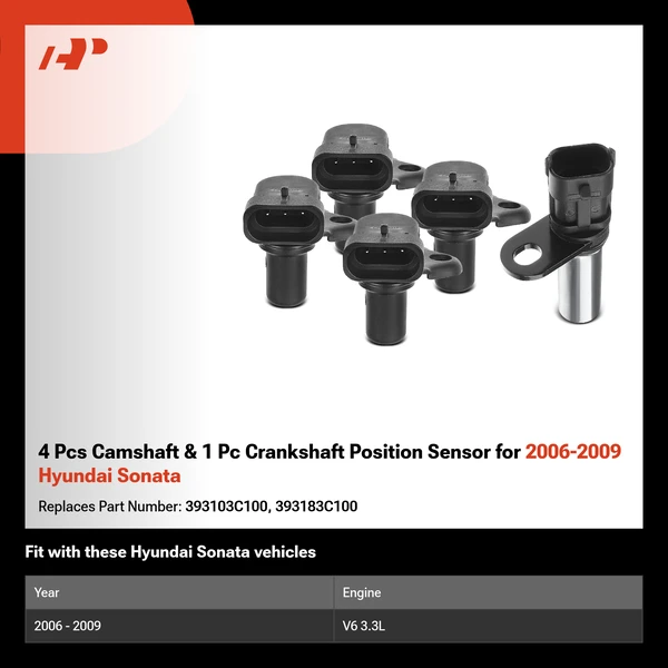 4 Pcs Camshaft & 1 Pc Crankshaft Position Sensor for 2006-2009 Hyundai Sonata