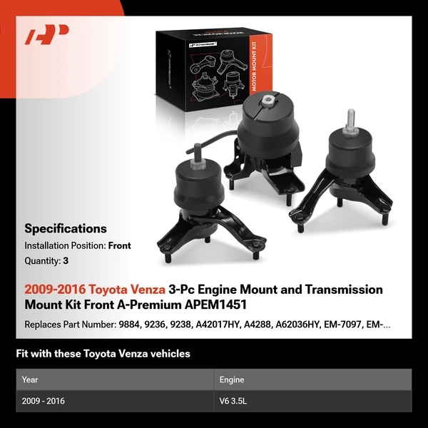 2009-2016 Toyota Venza 3-Pc Engine Mount and Transmission Mount Kit Front A-Premium APEM1451