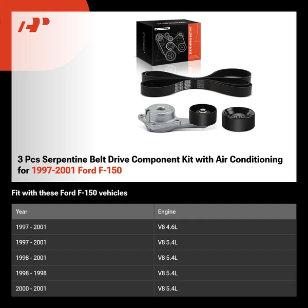3 Pcs Serpentine Belt Drive Component Kit with Air Conditioning for 1997-2001 Ford F-150