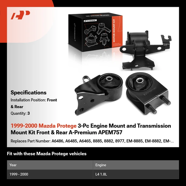 1999-2000 Mazda Protege 3-Pc Engine Mount and Transmission Mount Kit Front & Rear A-Premium APEM757