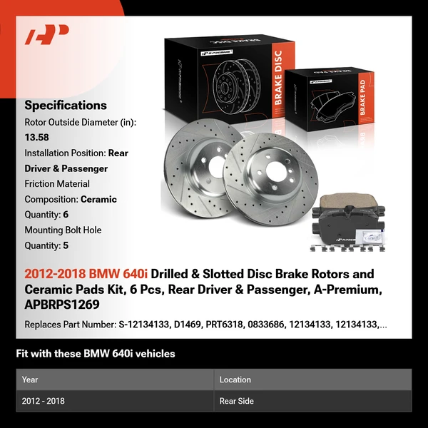 2012-2018 BMW 640i Drilled & Slotted Disc Brake Rotors and Ceramic Pads Kit, 6 Pcs, Rear Driver & Passenger, A-Premium, APBRPS1269