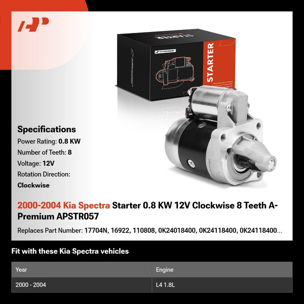 2000-2004 Kia Spectra Starter 0.8 KW 12V Clockwise 8 Teeth A-Premium APSTR057