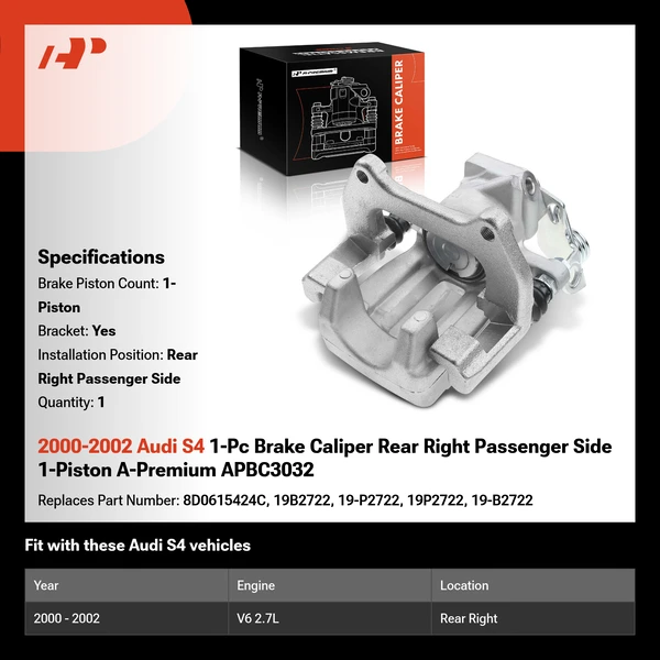 2000-2002 Audi S4 1-Pc Brake Caliper Rear Right Passenger Side 1-Piston A-Premium APBC3032