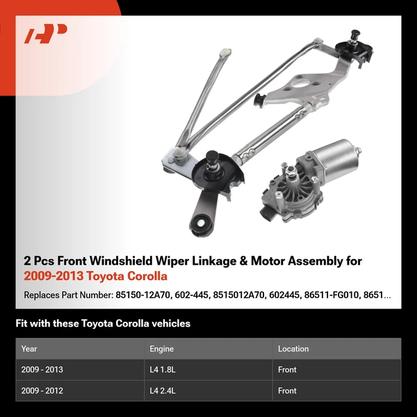 2 Pcs Front Windshield Wiper Linkage & Motor Assembly for 2009-2013 Toyota Corolla