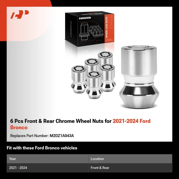 6 Pcs Front & Rear Chrome Wheel Nuts for 2021-2024 Ford Bronco