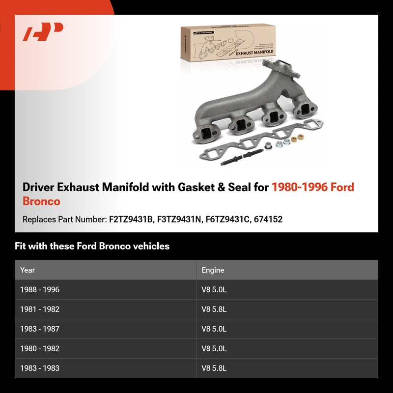 Driver Exhaust Manifold with Gasket & Seal for 1980-1996 Ford Bronco