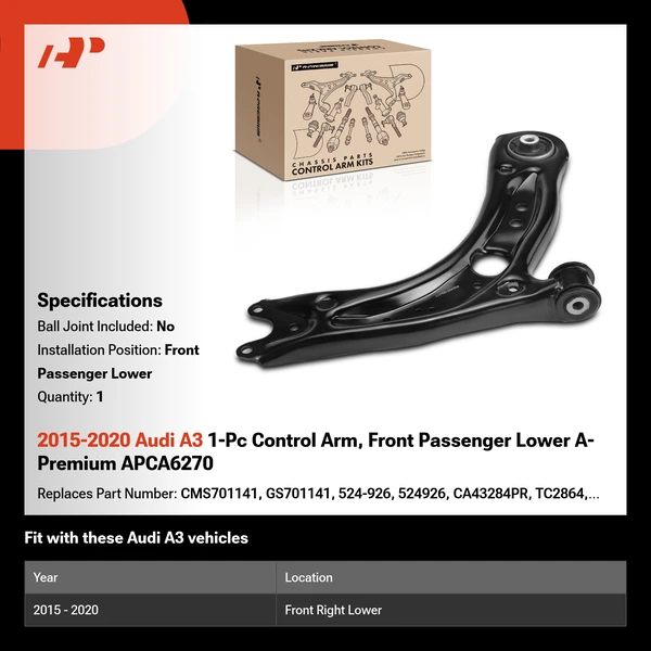 2015-2020 Audi A3 1-Pc Control Arm, Front Passenger Lower A-Premium APCA6270