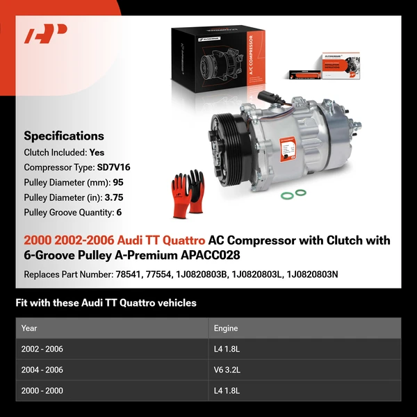 2000 2002-2006 Audi TT Quattro AC Compressor with Clutch with 6-Groove Pulley A-Premium APACC028