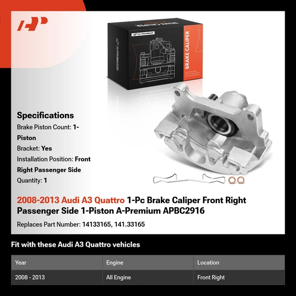 2008-2013 Audi A3 Quattro 1-Pc Brake Caliper Front Right Passenger Side 1-Piston A-Premium APBC2916