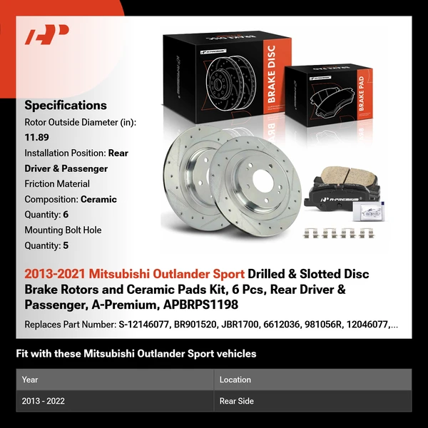 2013-2021 Mitsubishi Outlander Sport Drilled & Slotted Disc Brake Rotors and Ceramic Pads Kit, 6 Pcs, Rear Driver & Passenger, A-Premium, APBRPS1198