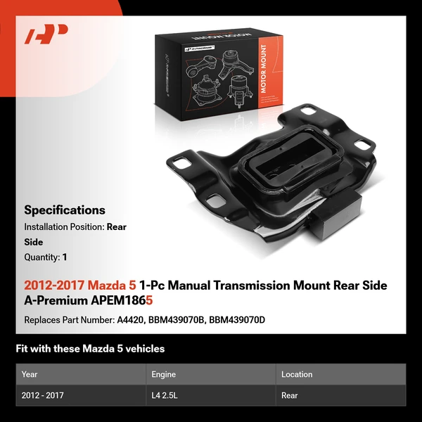 2012-2017 Mazda 5 1-Pc Manual Transmission Mount Rear Side A-Premium APEM1865