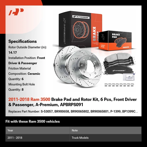 2011-2018 Ram 3500 Brake Pad and Rotor Kit, 6 Pcs, Front Driver & Passenger, A-Premium, APBRPS091