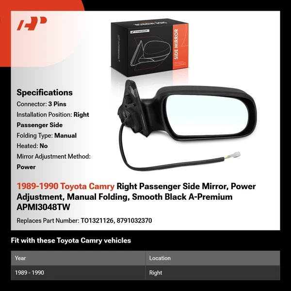 1989-1990 Toyota Camry Right Passenger Side Mirror, Power Adjustment, Manual Folding, Smooth Black A-Premium APMI3048TW