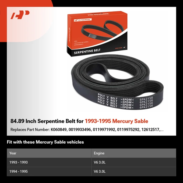 84.89 Inch Serpentine Belt for 1993-1995 Mercury Sable