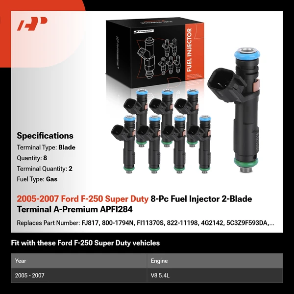 2005-2007 Ford F-250 Super Duty 8-Pc Fuel Injector 2-Blade Terminal A-Premium APFI284