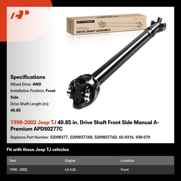1998-2002 Jeep TJ 40.85 in. Drive Shaft Front Side Manual A-Premium APDS0277C