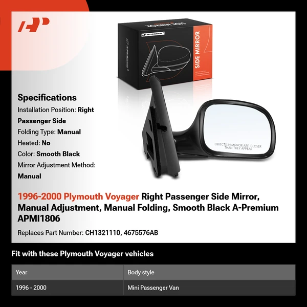 1996-2000 Plymouth Voyager Right Passenger Side Mirror, Manual Adjustment, Manual Folding, Smooth Black A-Premium APMI1806