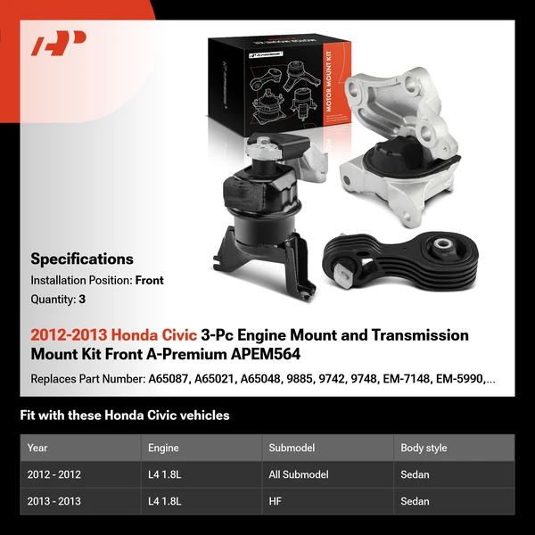 2012-2013 Honda Civic 3-Pc Engine Mount and Transmission Mount Kit Front A-Premium APEM564