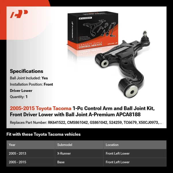 2005-2015 Toyota Tacoma 1-Pc Control Arm and Ball Joint Kit, Front Driver Lower with Ball Joint A-Premium APCA8188