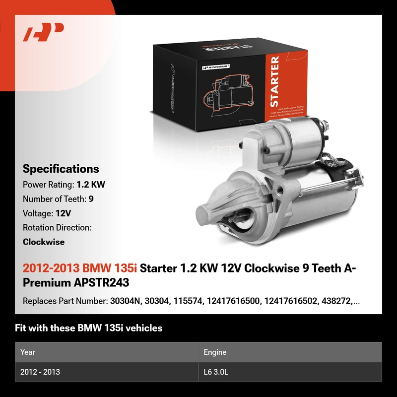 2012-2013 BMW 135i Starter 1.2 KW 12V Clockwise 9 Teeth A-Premium APSTR243