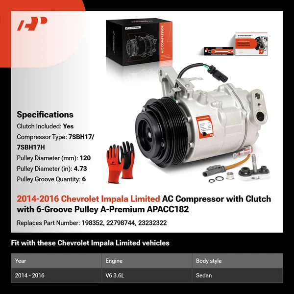 2014-2016 Chevrolet Impala Limited AC Compressor with Clutch with 6-Groove Pulley A-Premium APACC182