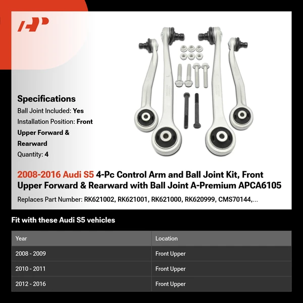 2008-2016 Audi S5 4-Pc Control Arm and Ball Joint Kit, Front Upper Forward & Rearward with Ball Joint A-Premium APCA6105