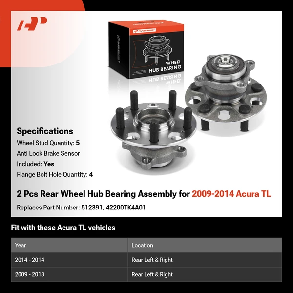 2 Pcs Rear Wheel Hub Bearing Assembly for 2009-2014 Acura TL