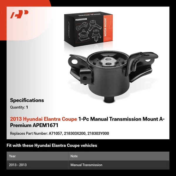 2013 Hyundai Elantra Coupe 1-Pc Manual Transmission Mount A-Premium APEM1671