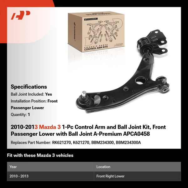 2010-2013 Mazda 3 1-Pc Control Arm and Ball Joint Kit, Front Passenger Lower with Ball Joint A-Premium APCA0458