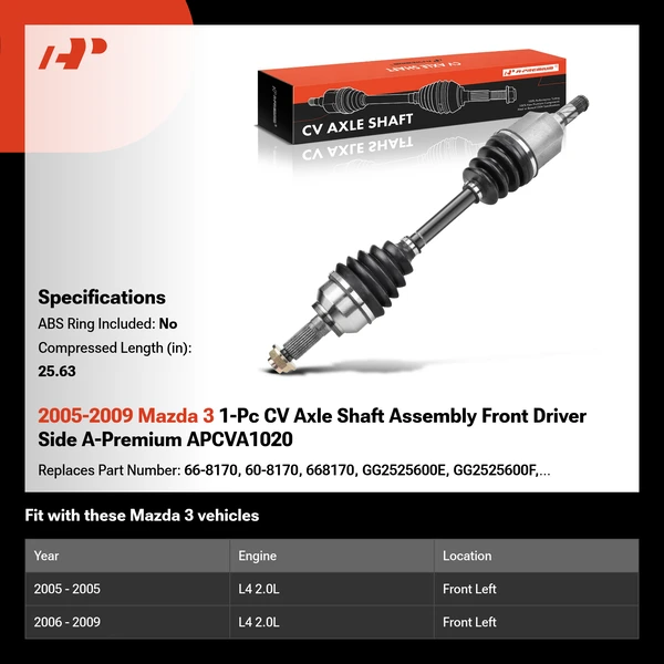 2005-2009 Mazda 3 1-Pc CV Axle Shaft Assembly Front Driver Side A-Premium APCVA1020
