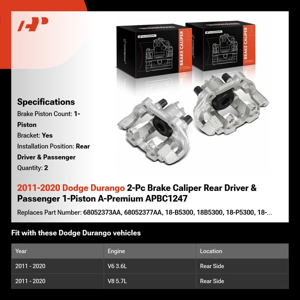 2011-2020 Dodge Durango 2-Pc Brake Caliper Rear Driver & Passenger 1-Piston A-Premium APBC1247