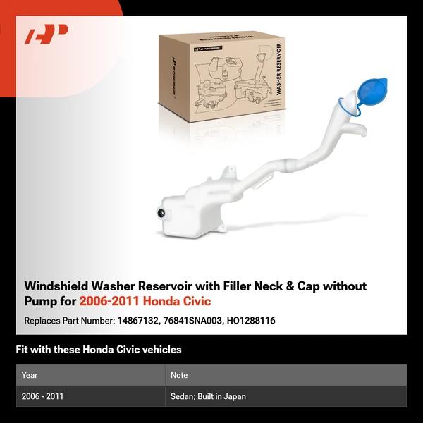 Windshield Washer Reservoir with Filler Neck & Cap without Pump for 2006-2011 Honda Civic