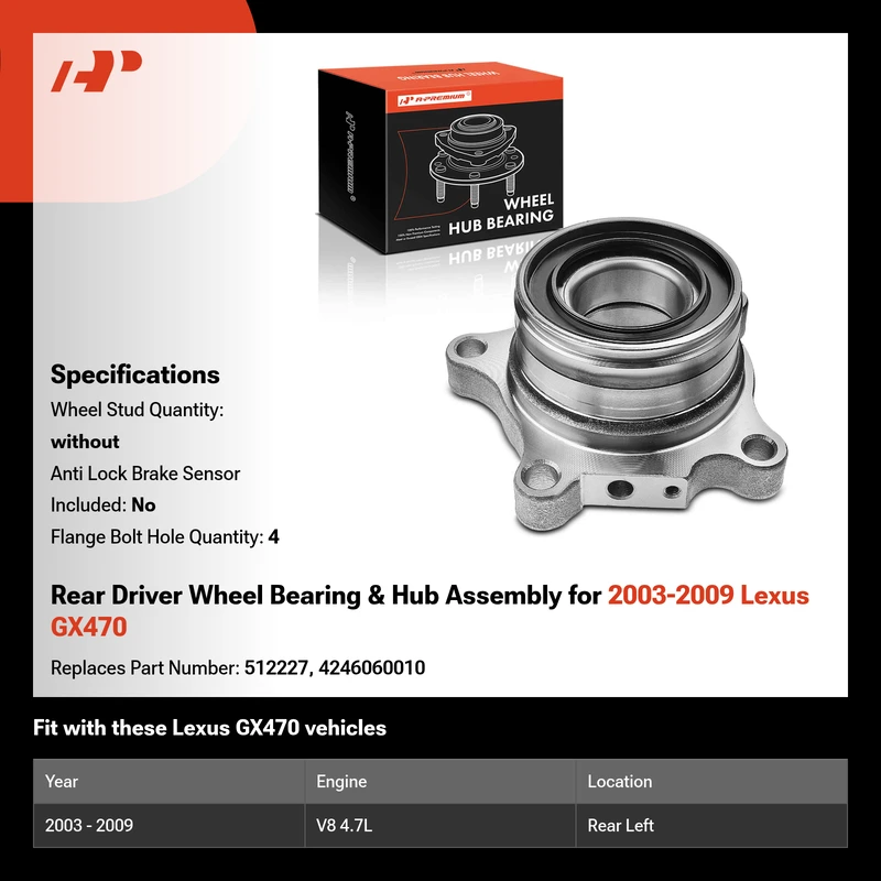 Rear Driver Wheel Bearing & Hub Assembly for 2003-2009 Lexus GX470