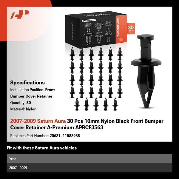 2007-2009 Saturn Aura 30 Pcs 10mm Nylon Black Front Bumper Cover Retainer A-Premium APRCF3563