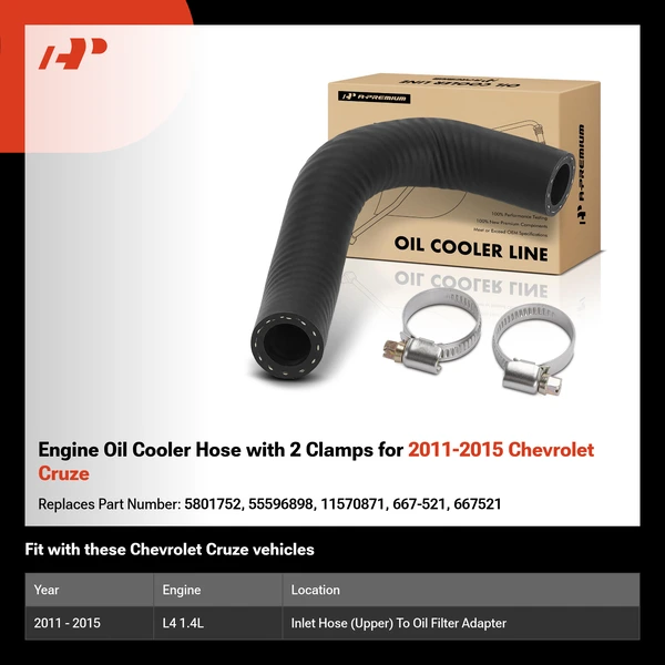 Engine Oil Cooler Hose with 2 Clamps for 2011-2015 Chevrolet Cruze