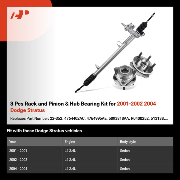 3 Pcs Rack and Pinion & Hub Bearing Kit for 2001-2002 2004 Dodge Stratus