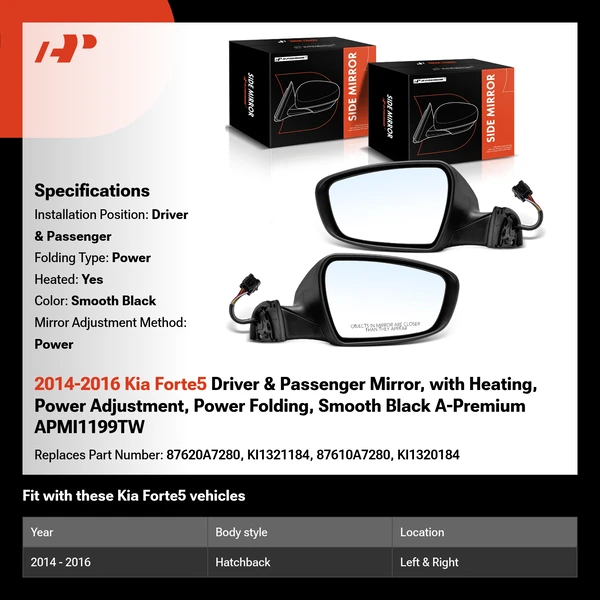 2014-2016 Kia Forte5 Driver & Passenger Mirror, with Heating, Power Adjustment, Power Folding, Smooth Black A-Premium APMI1199TW
