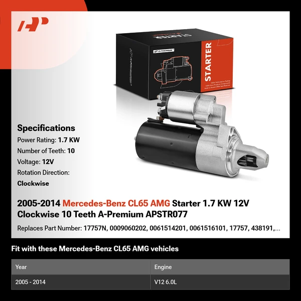 2005-2014 Mercedes-Benz CL65 AMG Starter 1.7 KW 12V Clockwise 10 Teeth A-Premium APSTR077
