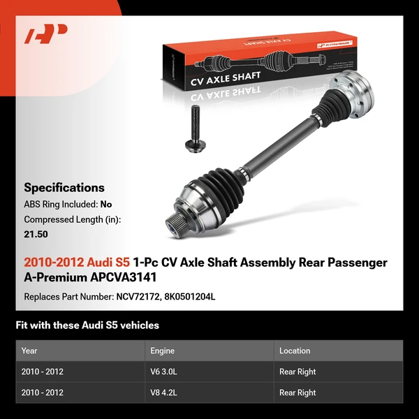 2010-2012 Audi S5 1-Pc CV Axle Shaft Assembly Rear Passenger A-Premium APCVA3141