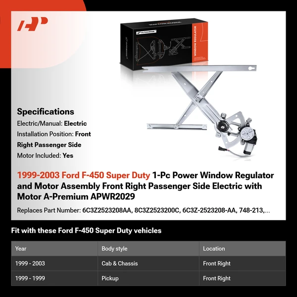 1999-2003 Ford F-450 Super Duty 1-Pc Power Window Regulator and Motor Assembly Front Right Passenger Side Electric with Motor A-Premium APWR2029