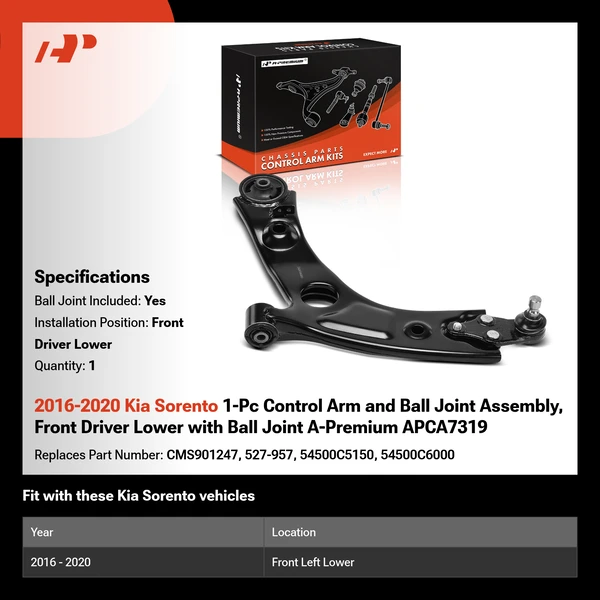 2016-2020 Kia Sorento 1-Pc Control Arm and Ball Joint Assembly, Front Driver Lower with Ball Joint A-Premium APCA7319