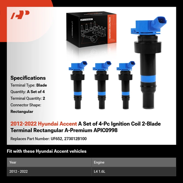 2012-2022 Hyundai Accent A Set of 4-Pc Ignition Coil 2-Blade Terminal Rectangular A-Premium APIC0998