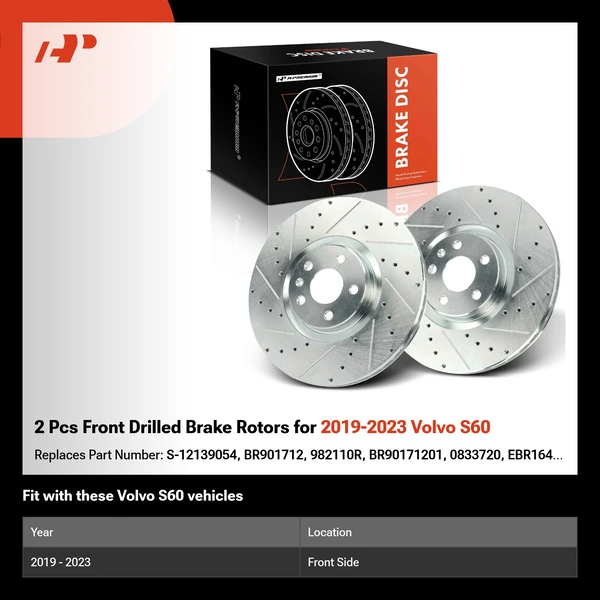 2 Pcs Front Drilled Brake Rotors for 2019-2023 Volvo S60